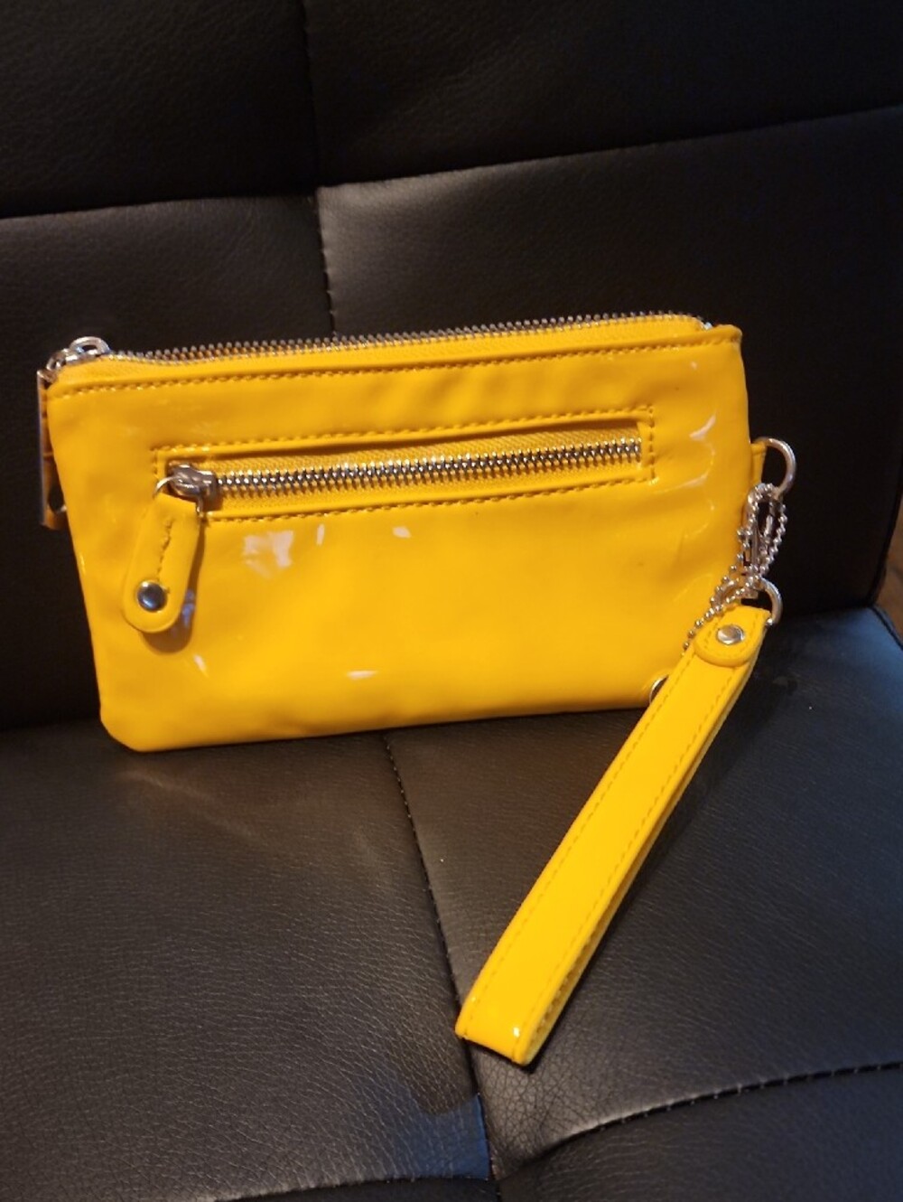 Big Buddha Yellow Patent Wristlet Clutch with Chevron Stitching - Picture 5 of 7
